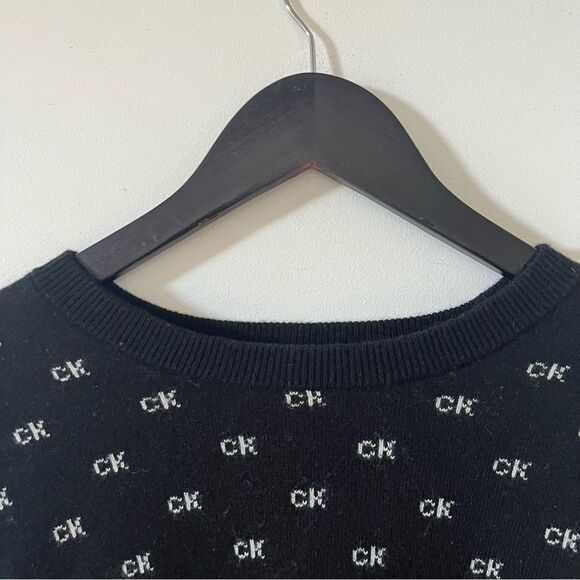 Calvin Klein Black Wool Blend CK Logo Pattern Crewneck Pullover Sweater - Picture 7 of 8